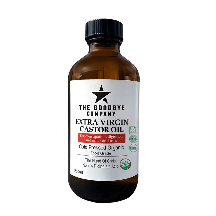 The Goodbye Company bottle front label showing organic certification and 250ml size benefits