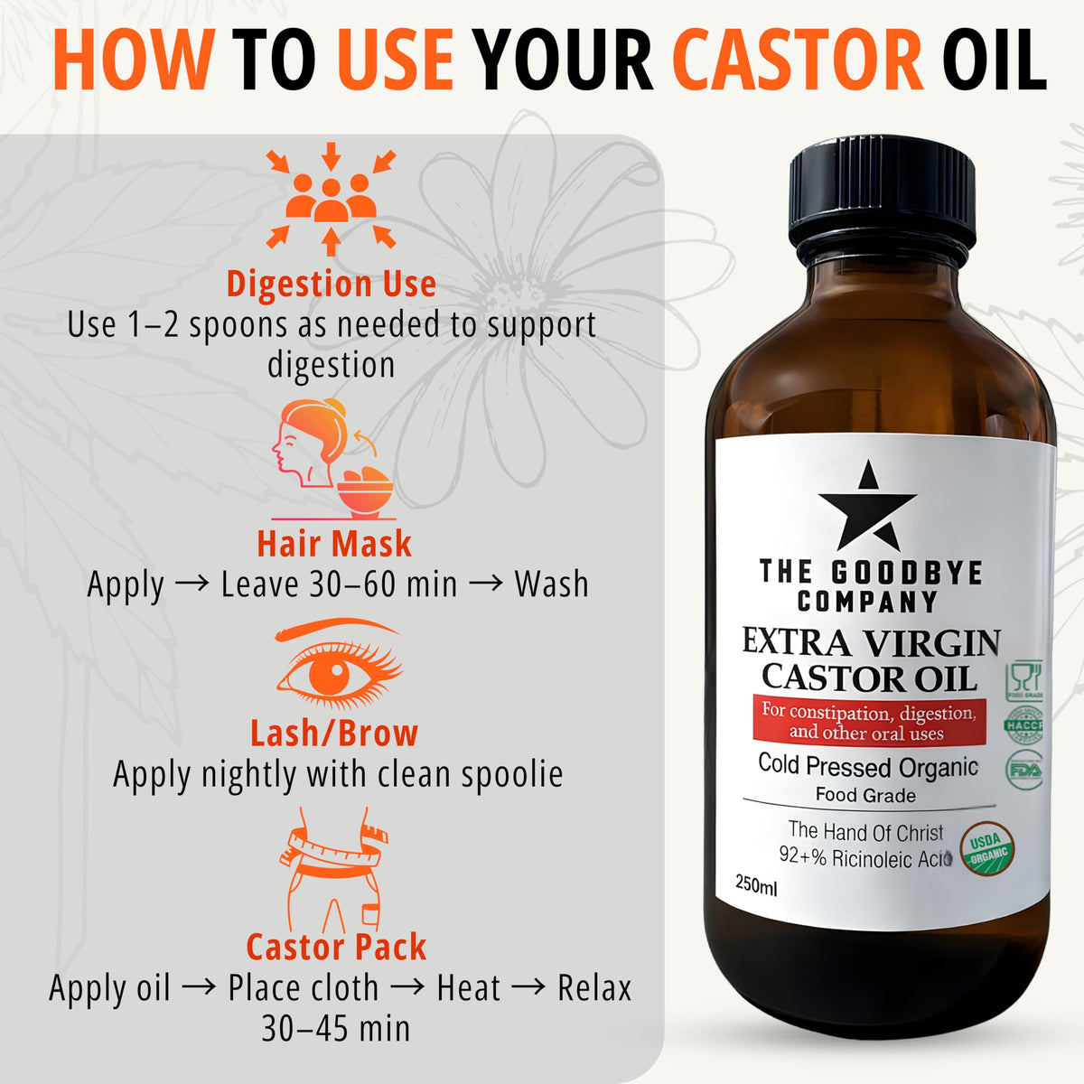 Close-up pour of The Goodbye Company castor oil showing rich texture for conditioning