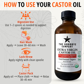 Close-up pour of The Goodbye Company castor oil showing rich texture for conditioning