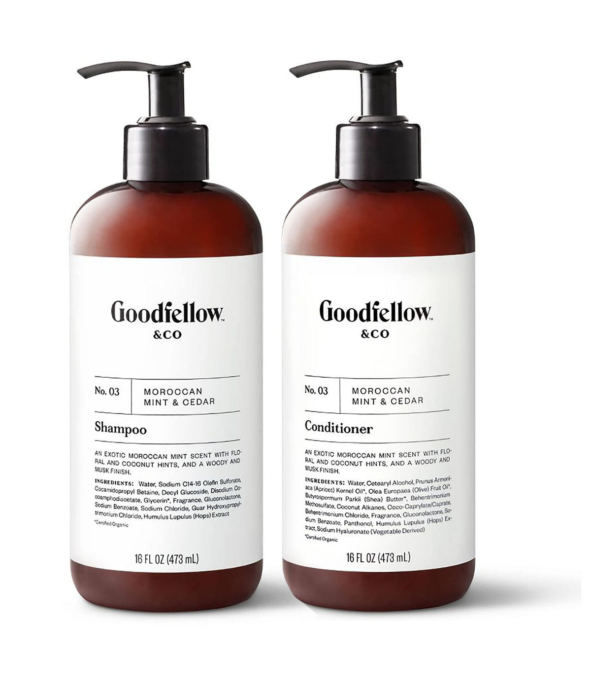 Goodfellow front packaging showing both 16 fl oz bottles and scent branding benefit