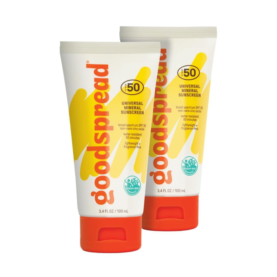 Goodspread front packaging showing SPF 50 and two-bottle pack benefit