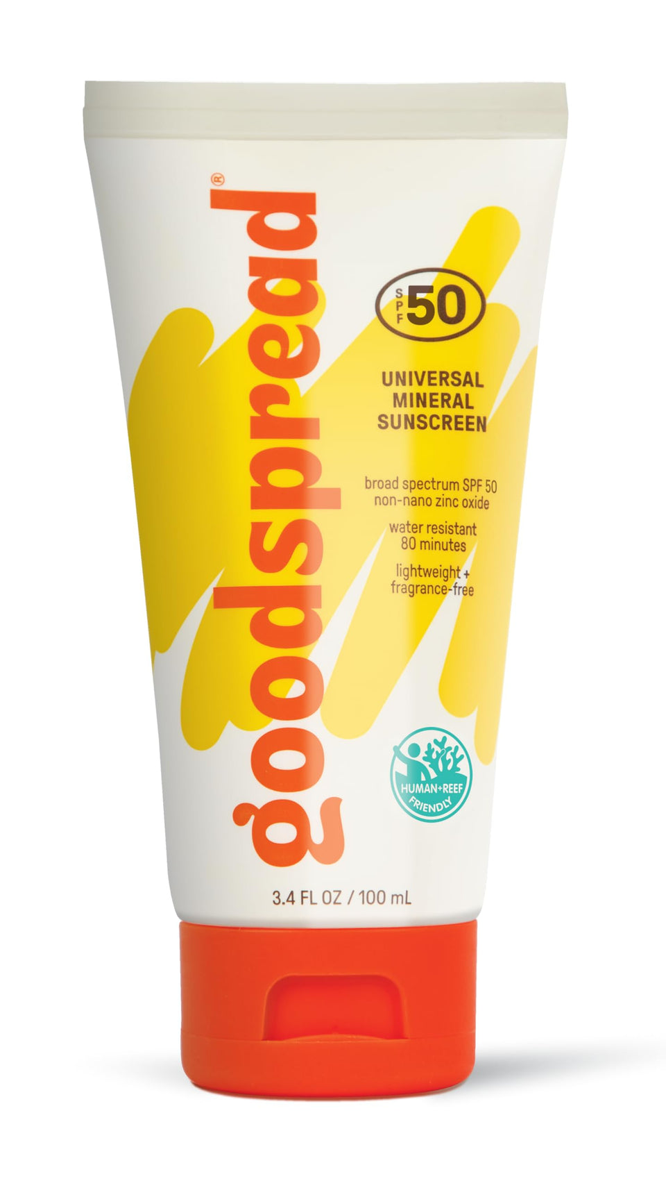 Goodspread front packaging showing SPF 50 protection and clear finish benefit