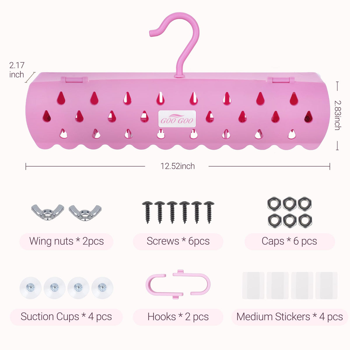 GOO GOO accessories laid out with suction stickers hooks and screws for flexible installs