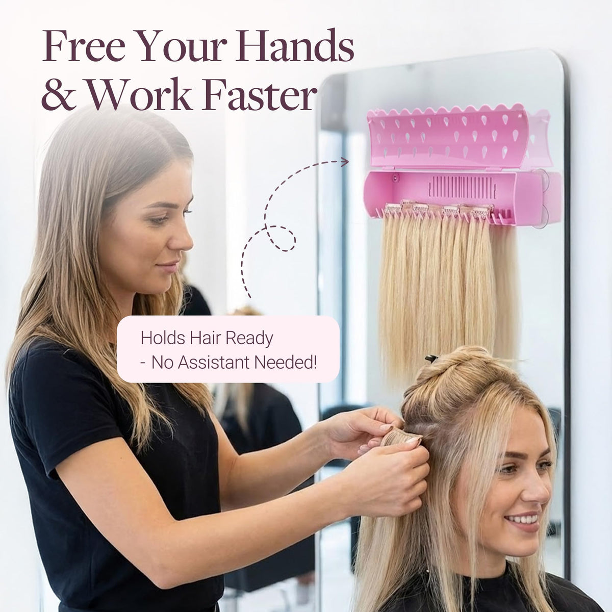 GOO GOO stand holding multiple extensions during a styling session to save time