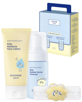 GOONGBE front packaging of kids facial care kit showing both bottles and gift box, convenient starter set