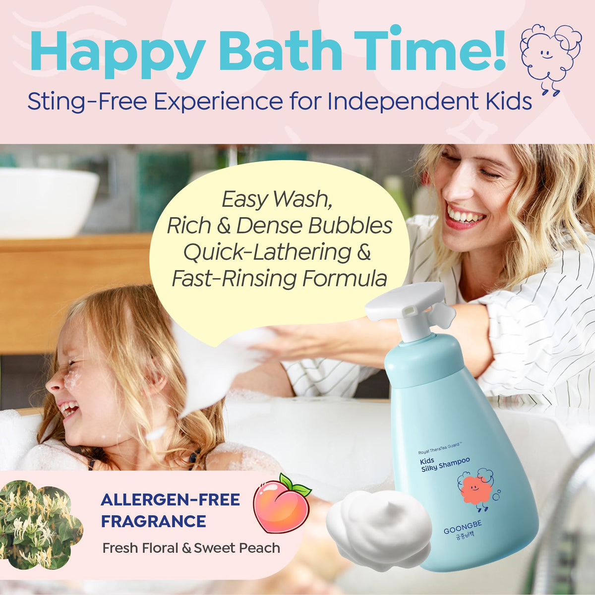 GOONGBE bottle on bathroom shelf showing 10.1 fl.oz scale for family use