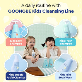 GOONGBE child in bath smiling after gentle, hypoallergenic conditioning