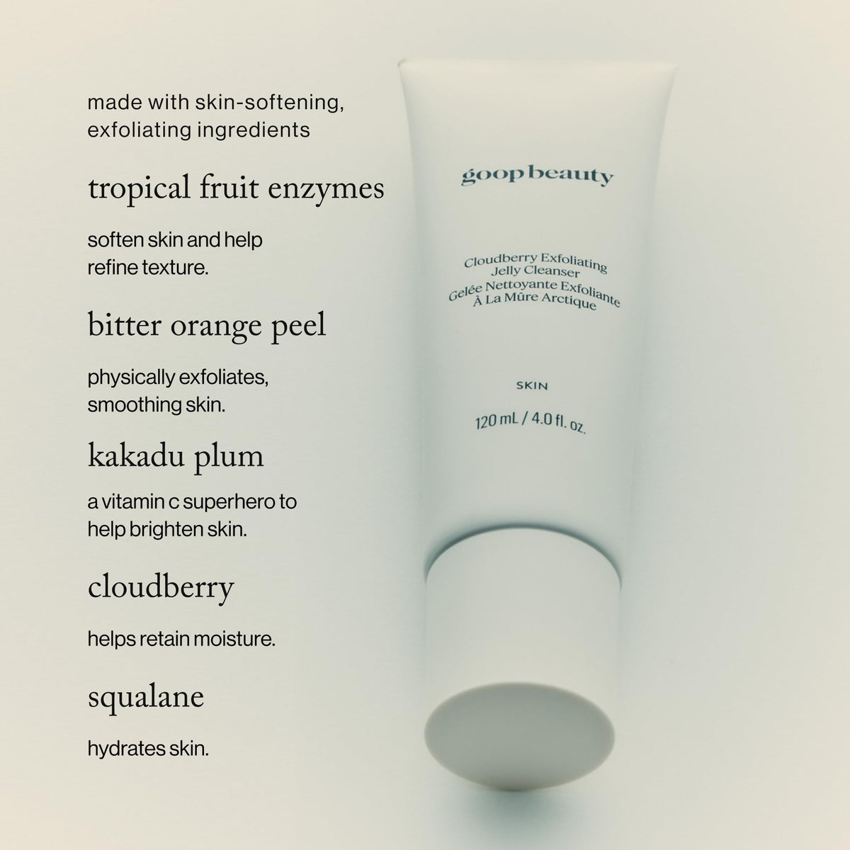 goop jelly texture close-up on fingertip illustrating soft gel and gentle exfoliation
