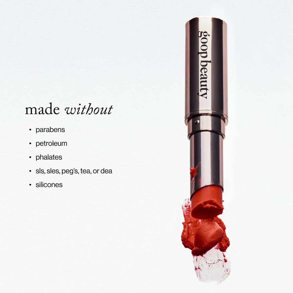 goop tomato tinted balm swatch showing sheer red finish benefit luminous pop