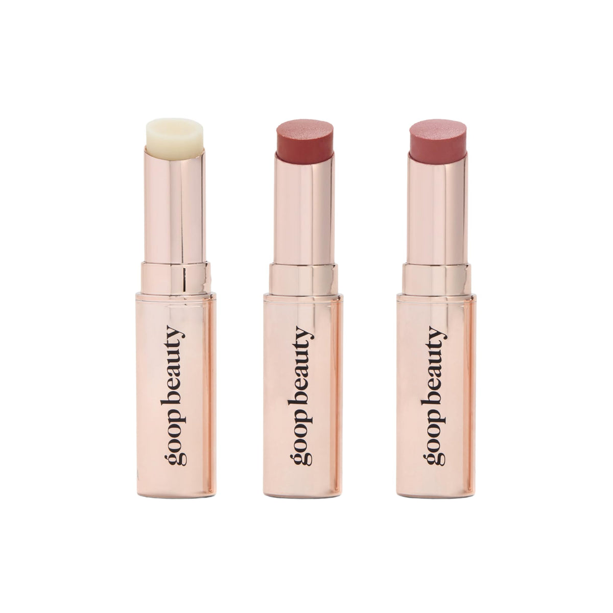 goop lip balm trio box front showing three full-size sticks and sleek packaging benefit: stylish gift-ready set