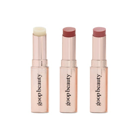 goop lip balm trio box front showing three full-size sticks and sleek packaging benefit: stylish gift-ready set