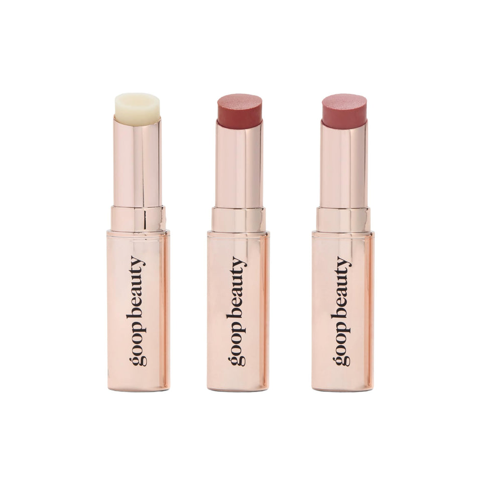 goop lip balm trio box front showing three full-size sticks and sleek packaging benefit: stylish gift-ready set