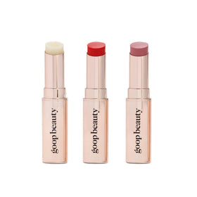 goop lip balm trio boxed set showing all three sticks and packaging benefit versatile gift