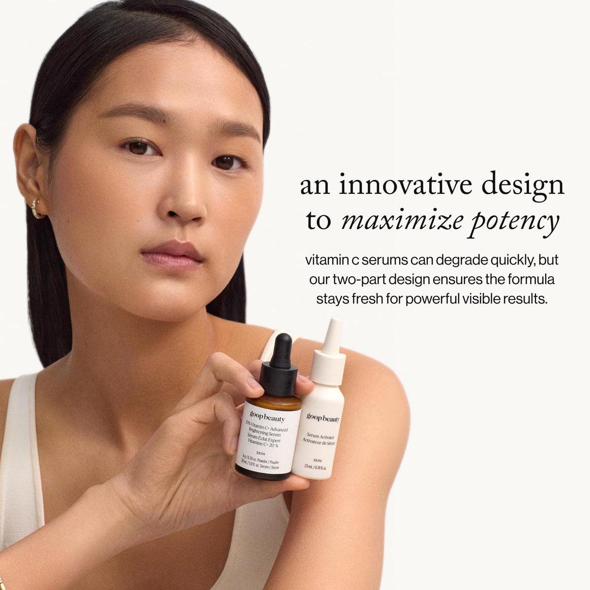 goop pump dispensing serum onto fingertips for precise daytime use