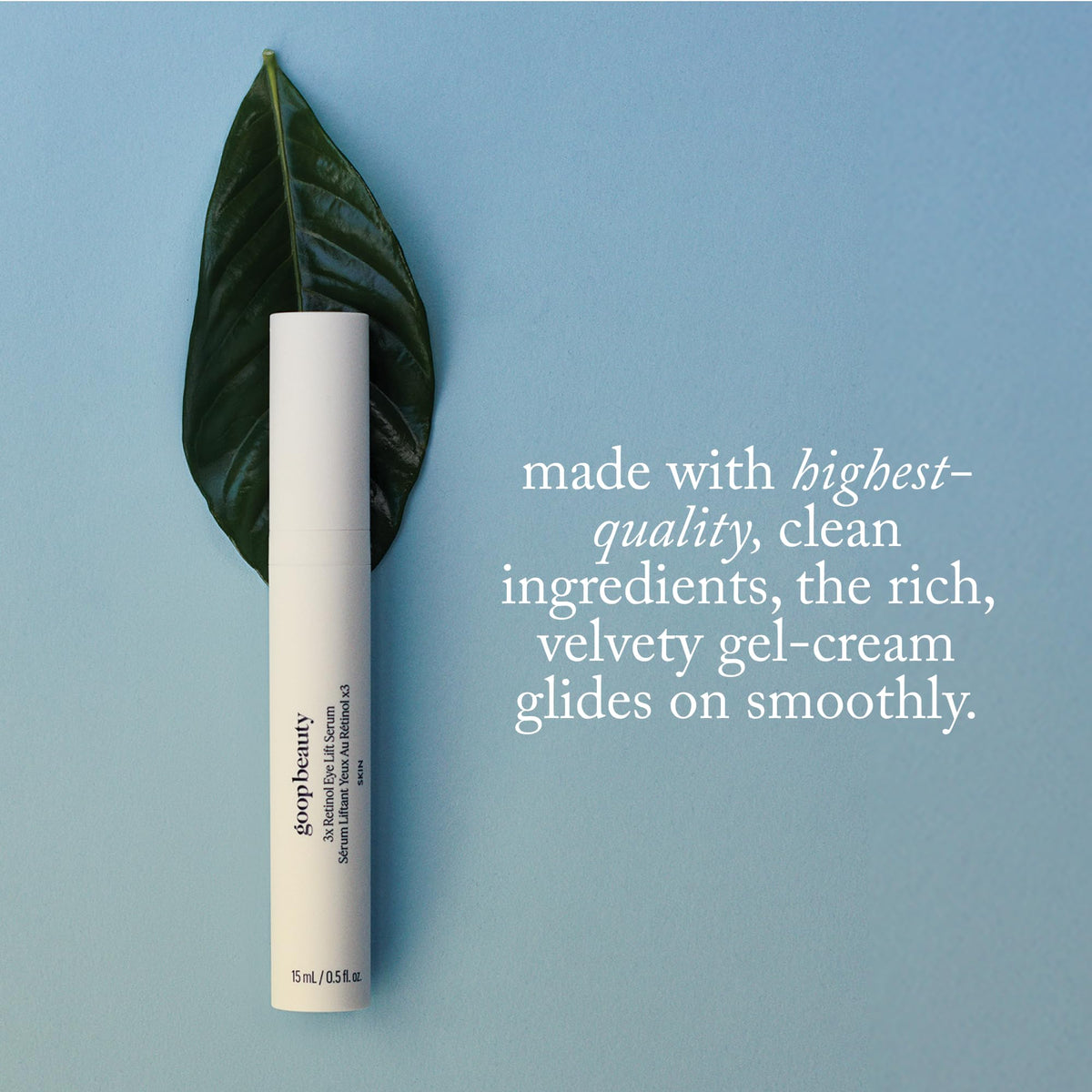 model applying goop retinol eye serum to orbital area demonstrating precise nightly use benefit