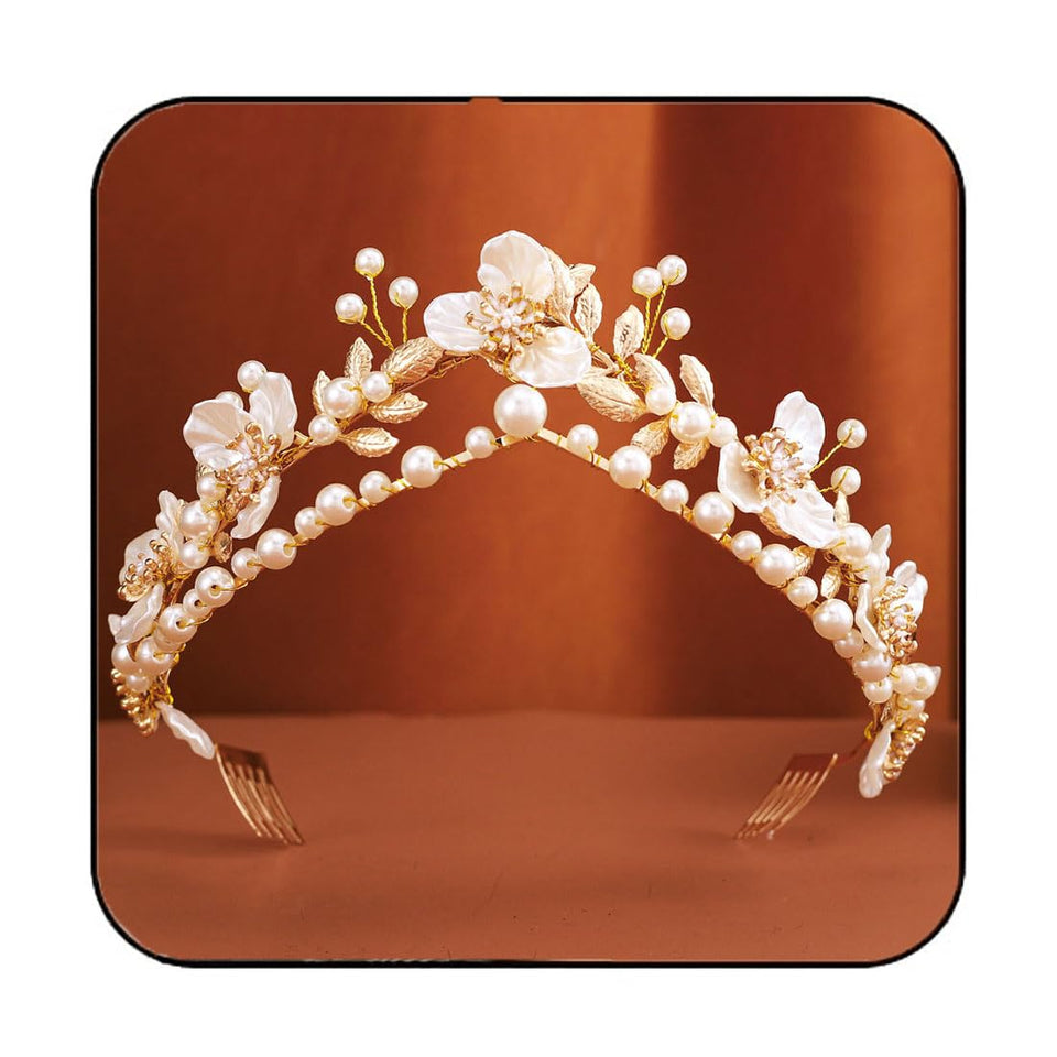 GORTIN front view of gold leaf bridal headband shows elegant silhouette