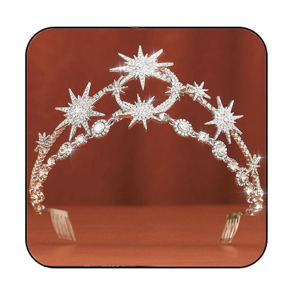 GORTIN star moon crown front view showing rhinestone sparkle and regal silhouette