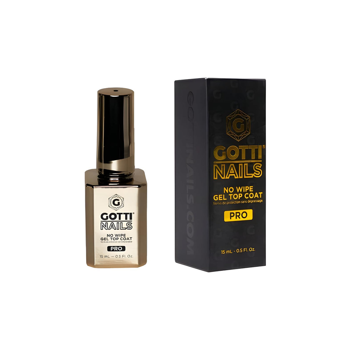 Gotti Nails front bottle showing clear no-wipe gel top coat for glossy protection