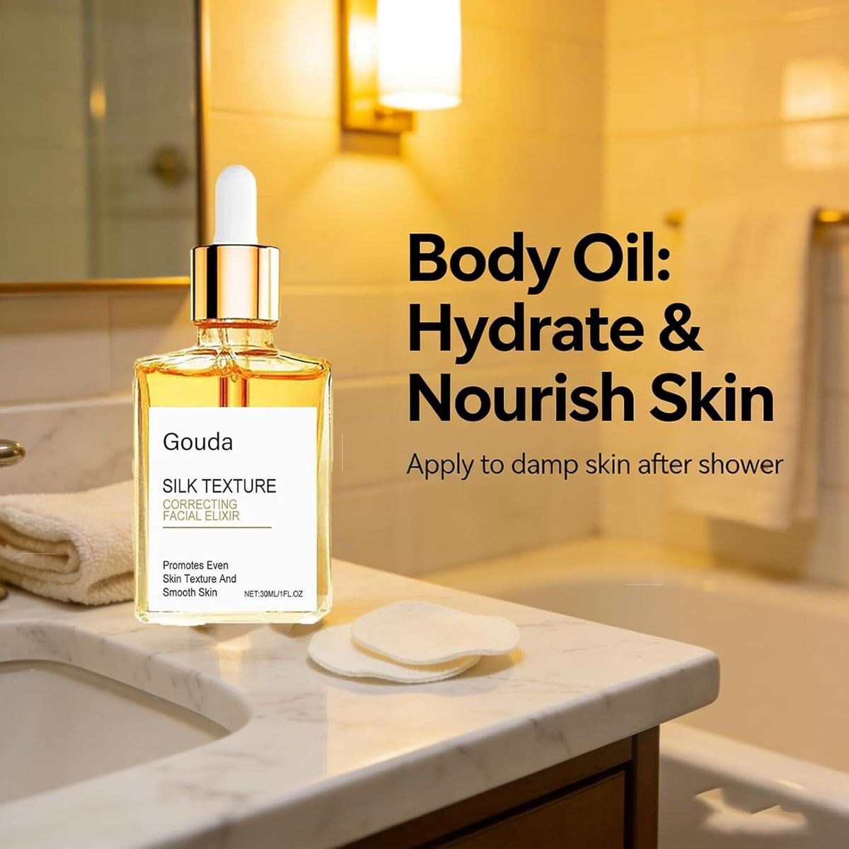 Gouda texture oil drop on skin highlighting non-greasy hydration