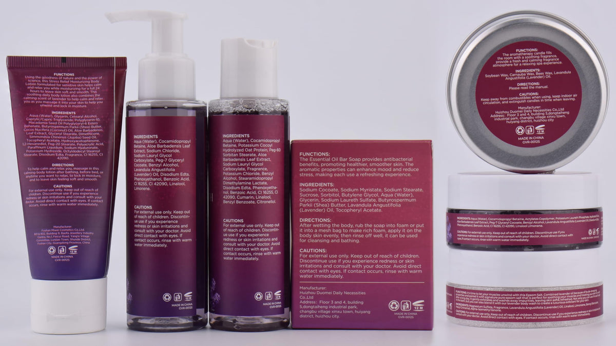 GOWLAVER spa products arranged in bathroom setting conveying at-home relaxation