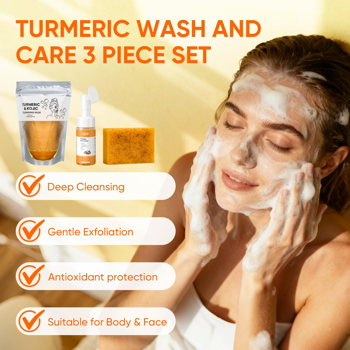 GPP turmeric face wash with soft brush head delivering deeper pore-friendly cleansing