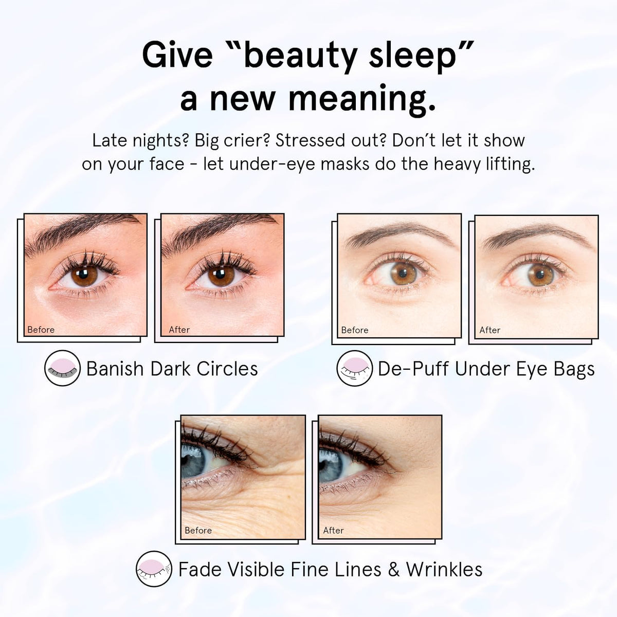 grace & stella applying a patch under eye demonstrating cooling depuffing benefit