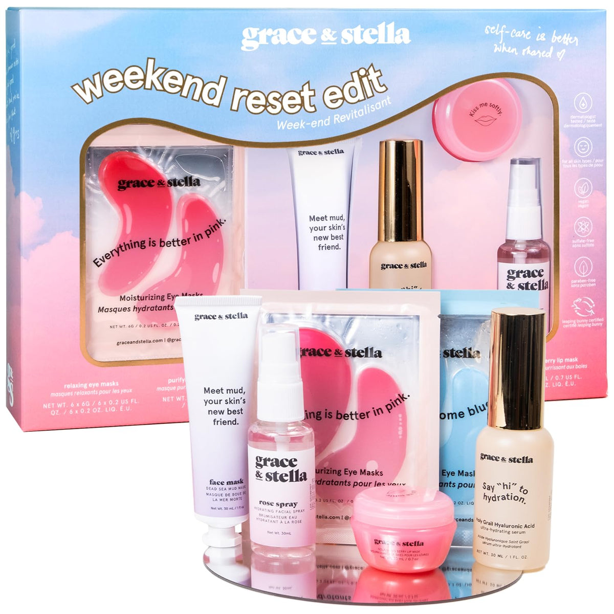 grace & stella front packaging showcasing the colorful gift box and contents benefit presentation