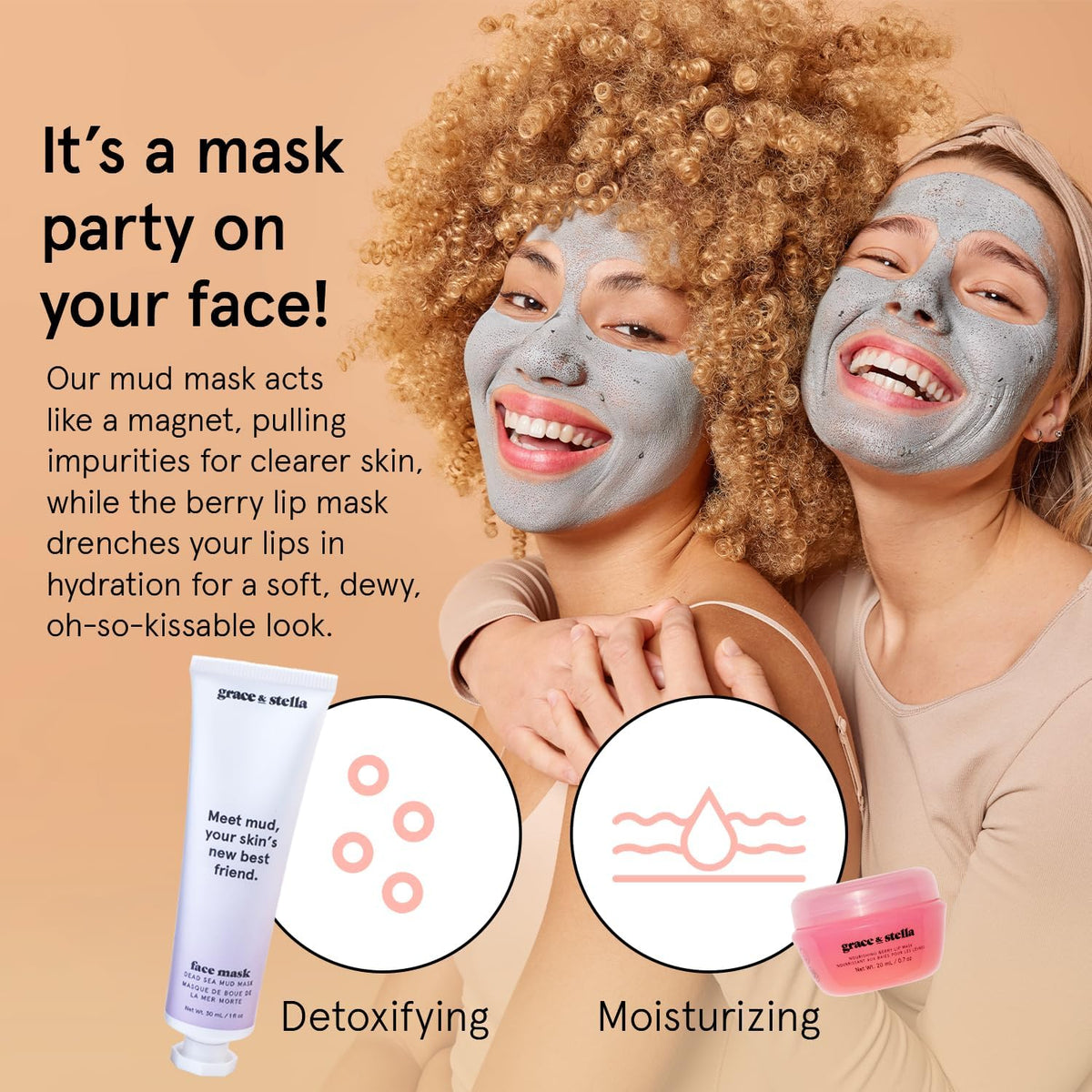 grace & stella dead sea mud mask on hand showing thick texture for clarifying pores