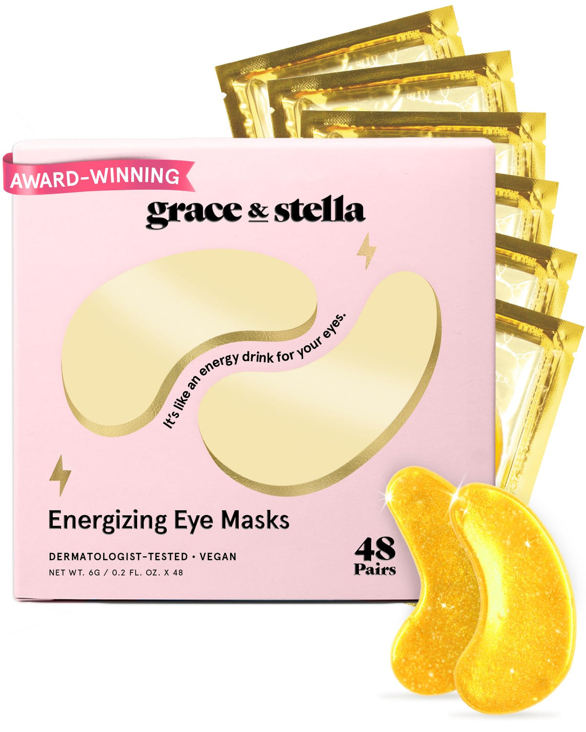 grace & stella front box showing pack of 48 pairs and quick benefits