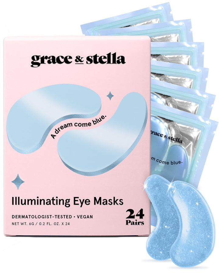 grace & stella front packaging showing blue gel eye mask benefits
