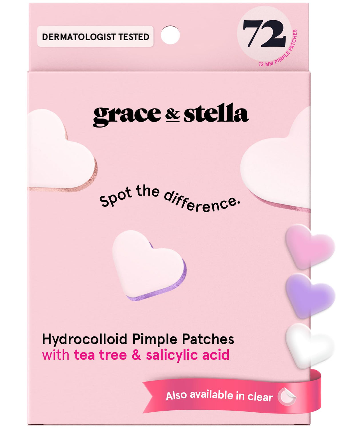 grace & stella front packaging showing 72-count and hearts, quick blemish care