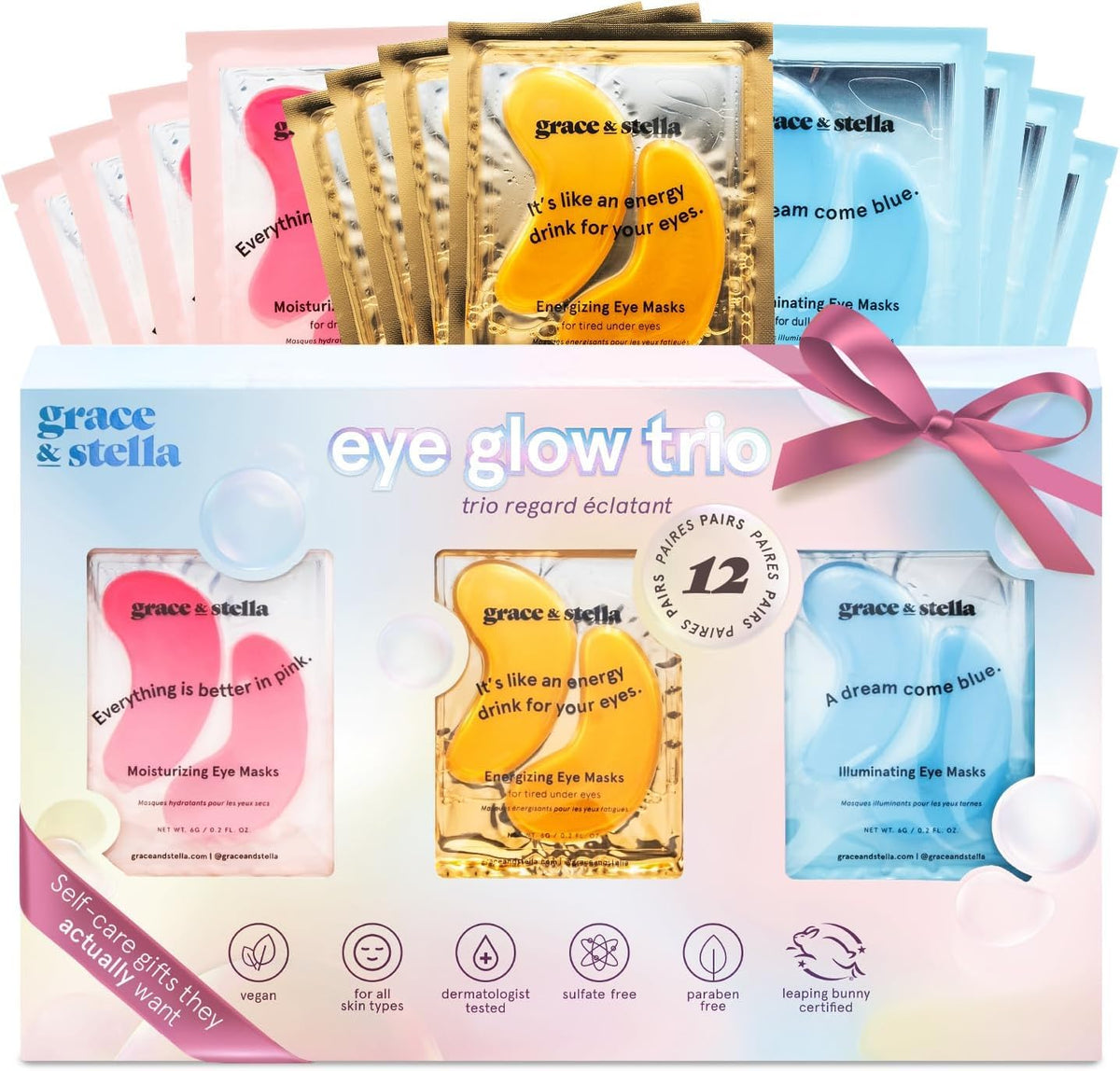 grace & stella front packaging showing 12-pair colorful under eye patches and benefits