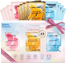 grace & stella front packaging showing 12-pair colorful under eye patches and benefits