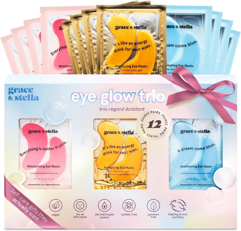 grace & stella front packaging showing 12-pair colorful under eye patches and benefits