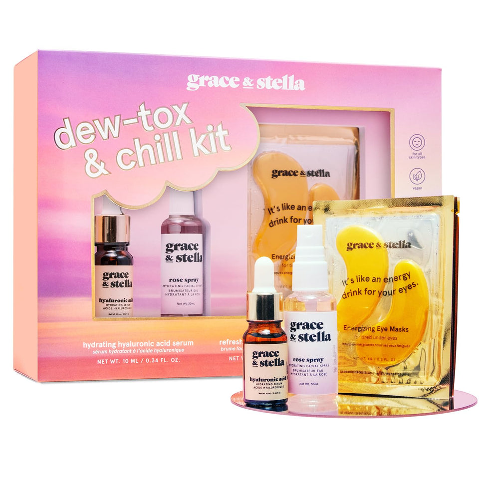 grace & stella front packaging of travel skincare gift set, ready to gift