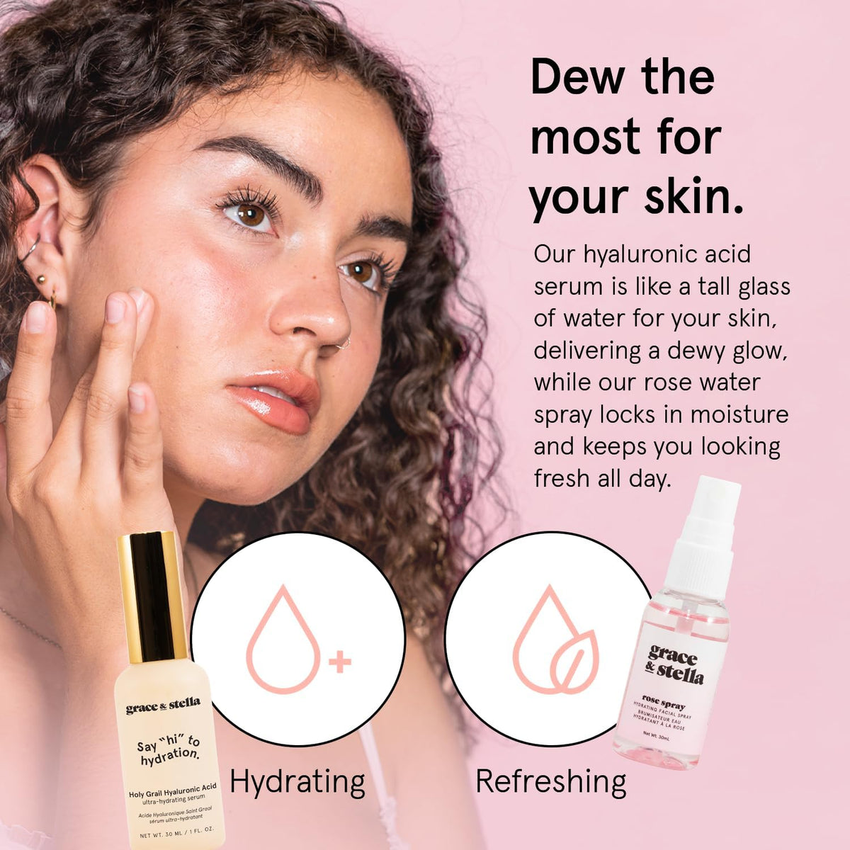 grace & stella rosewater spray being misted for instant refresh and calming benefit