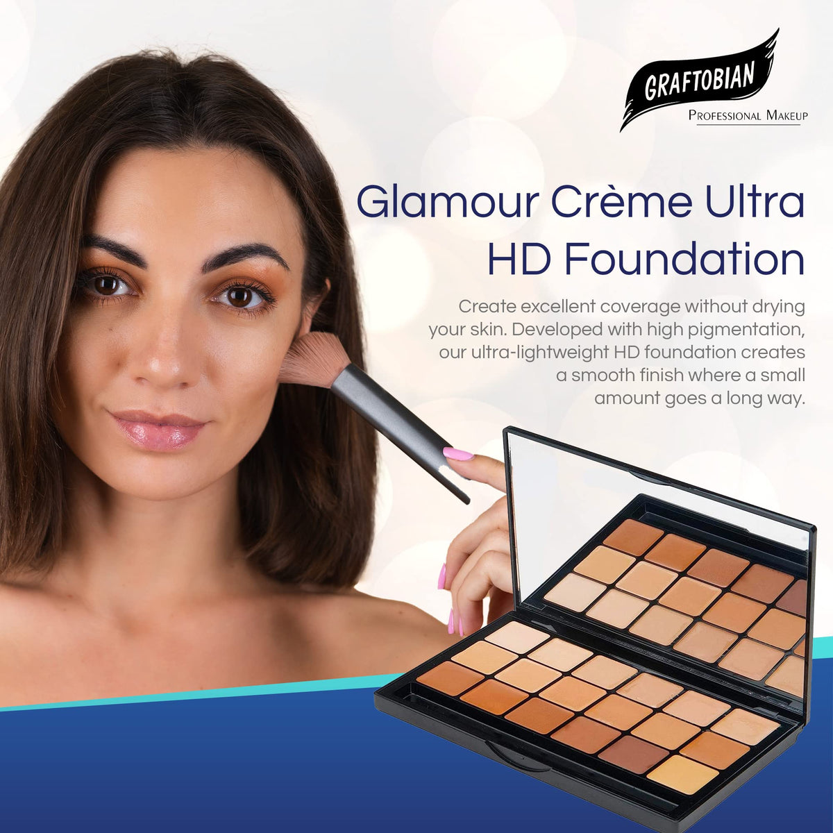 Graftobian application with a brush delivering even, camera-ready coverage