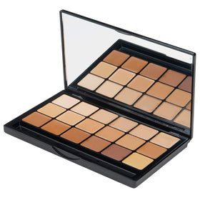 Graftobian palette flatlay showing 18 warm shades and organized convenience
