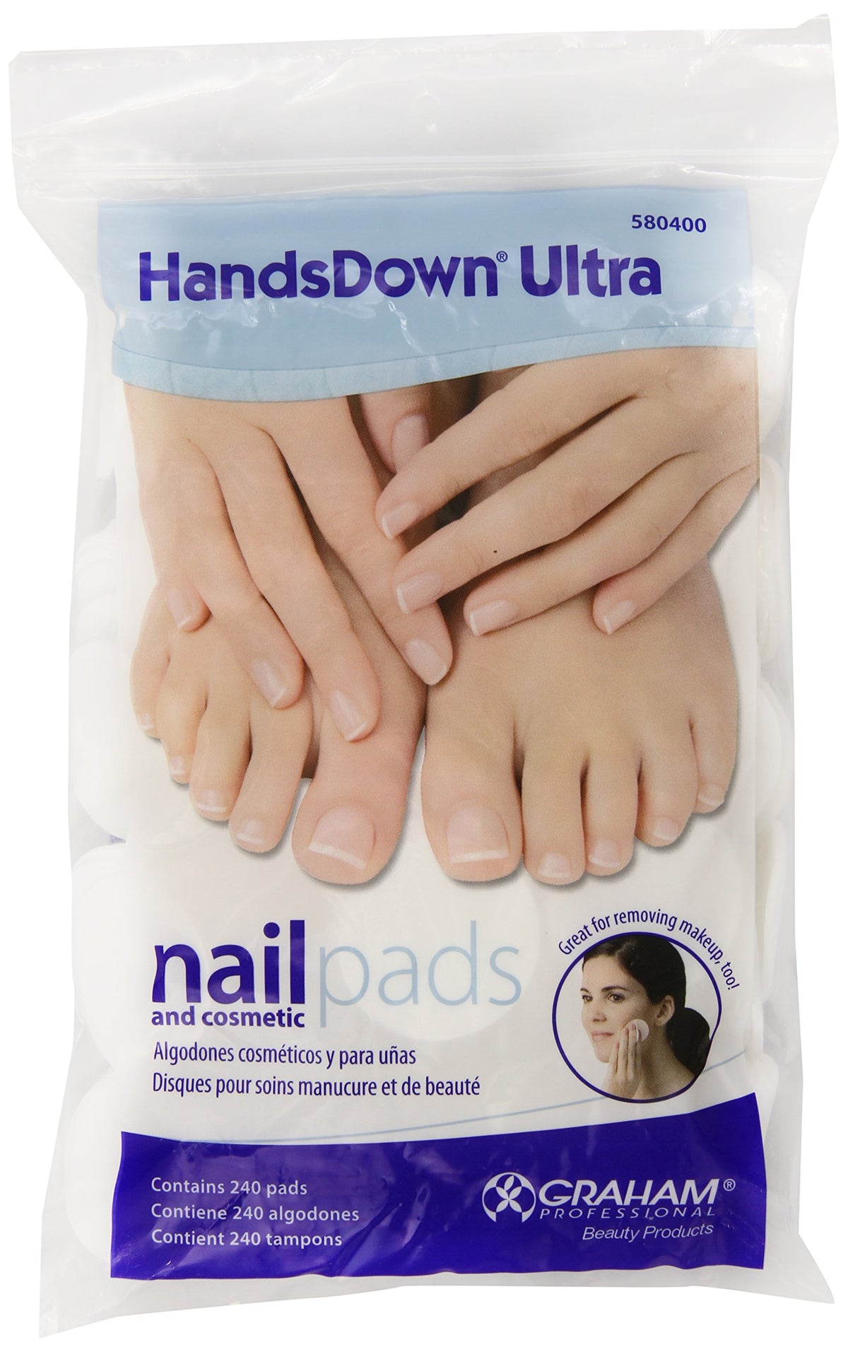 Graham Medical front packaging showing 240 white lint-free pads for fast polish removal