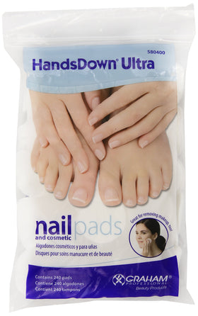 Graham Medical front packaging showing 240 white lint-free pads for fast polish removal