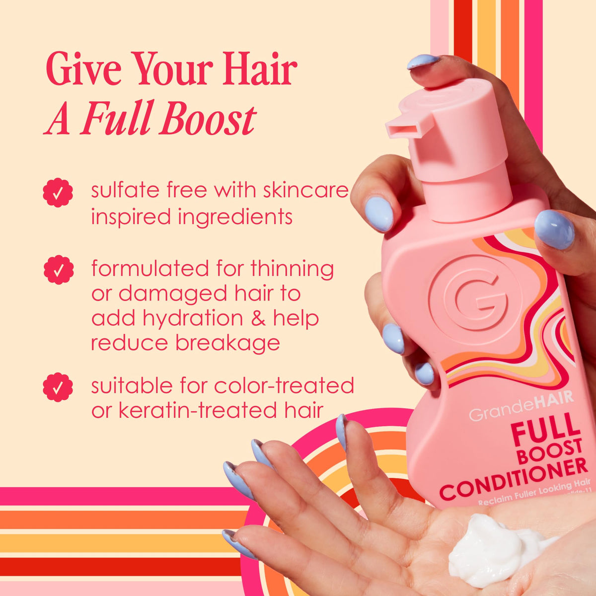 Grande Cosmetics conditioner applied to hair in shower demonstrating detangling