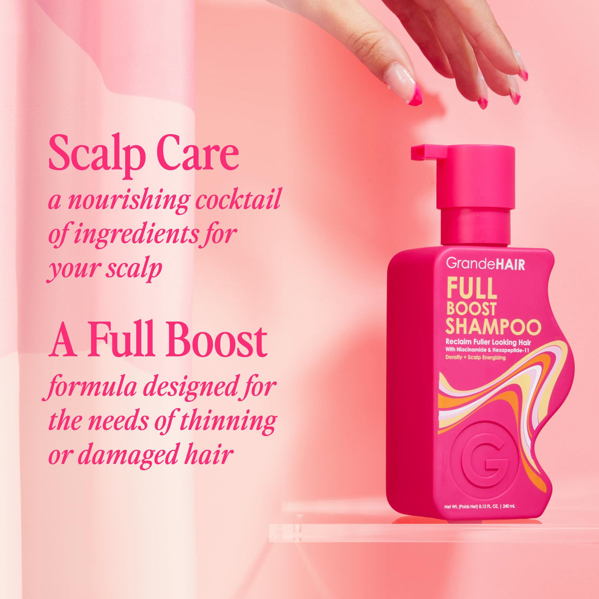 Grande Cosmetics GrandeHAIR in shower use showing application and scalp-focused cleansing benefit