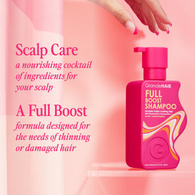 Grande Cosmetics GrandeHAIR in shower use showing application and scalp-focused cleansing benefit
