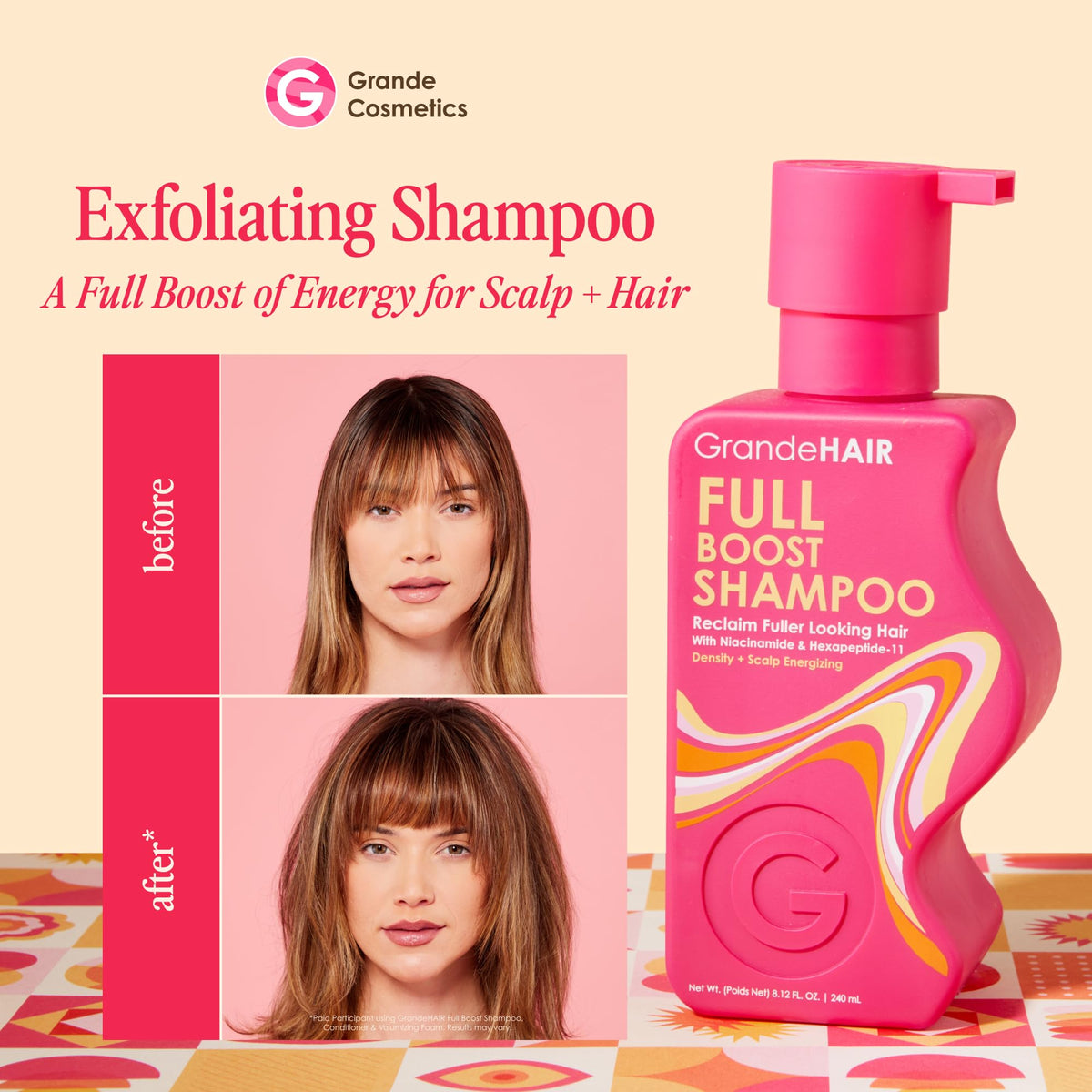 Grande Cosmetics GrandeHAIR label and pump detail highlighting ingredient callouts for reassurance