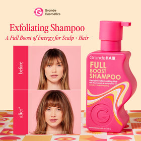 Grande Cosmetics GrandeHAIR label and pump detail highlighting ingredient callouts for reassurance