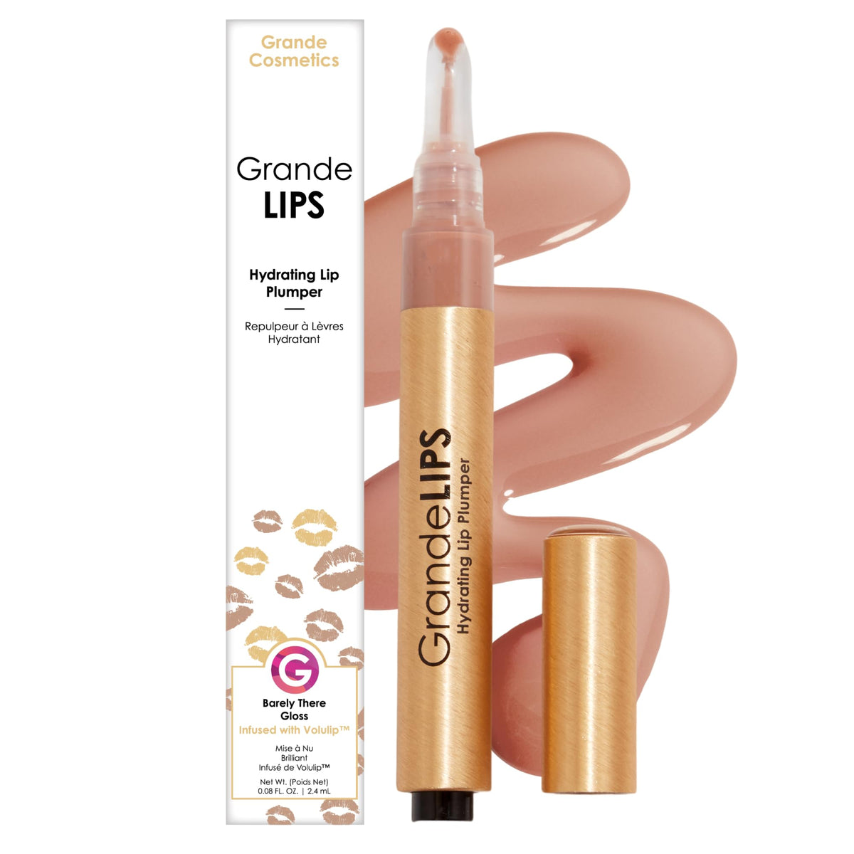Grande Cosmetics GrandeLIPS front packaging showing glossy tube and shade