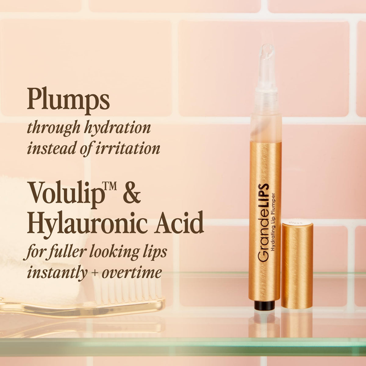 Grande Cosmetics tube next to a credit card showing compact 0.084 oz travel size