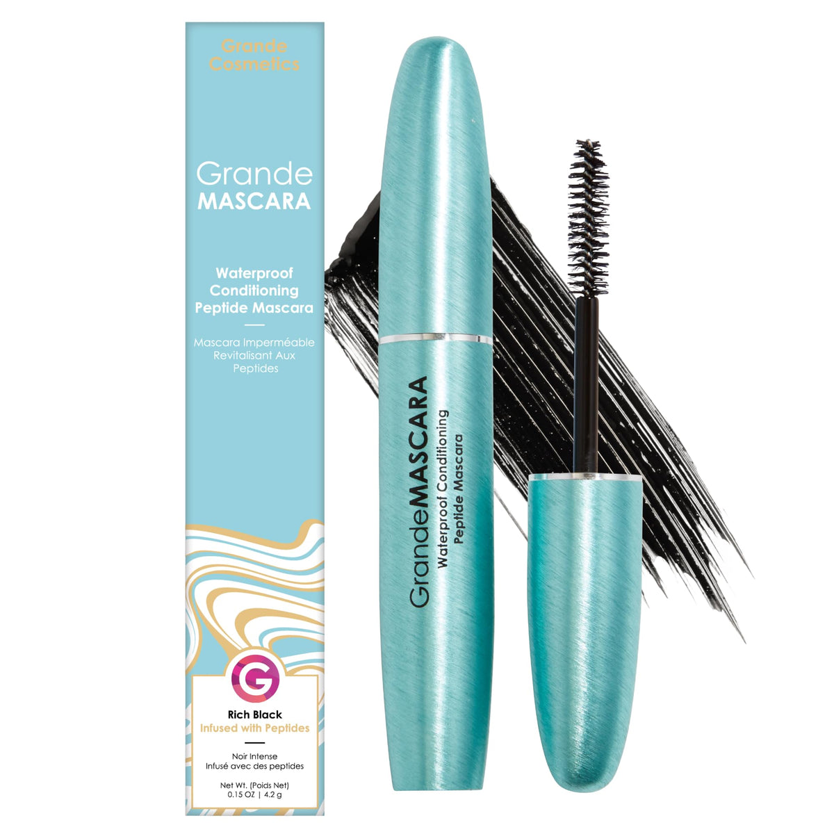 Grande Cosmetics GrandeMASCARA front tube showing sleek packaging and long-wear benefit