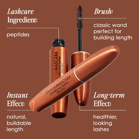 Grande Cosmetics GrandeMASCARA label close-up, ingredient callout for peptides and panthenol