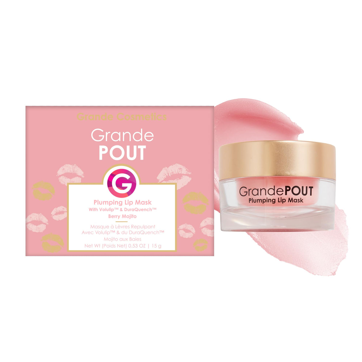 Grande Cosmetics GrandePOUT front tube showing berry mojito tint and glossy finish